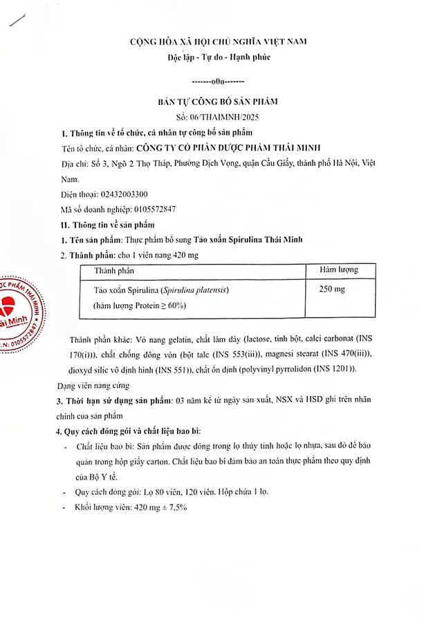 Bản tự công bố sản phẩm số 06/THAIMNH/2025 của Công ty Cổ phần Dược phẩm Thái Minh
