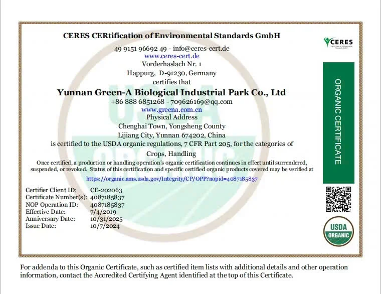 Chứng nhận hữu cơ USDA do CERES cấp cho Yunnan Green-A